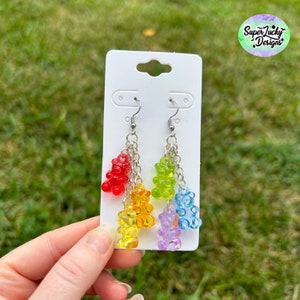 Rainbow gummy bear dangle earrings - rainbow earrings - dangle bear earrings - gummy bear earrings