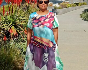 Vestido caftán maxi colorido: corte relajado con pañuelo para la cabeza