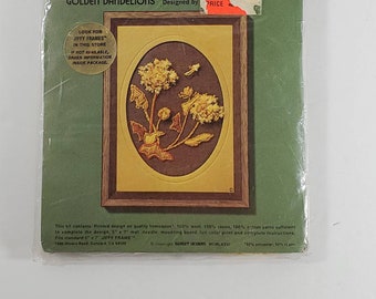 Vintage Floral Crewel Kit Yellow Brown Flower Crewel Golden Dandelions Jiffy Stitchery 1976 Eileen Violet 1970s Floral Crewel Kit NOS
