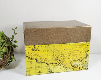 Vintage Recipe Box Metal Box Hinged Lid Yellow Map Brown Textured Lid World Map Yellow Brown Metal Storage Box Desk Craft Office Storage