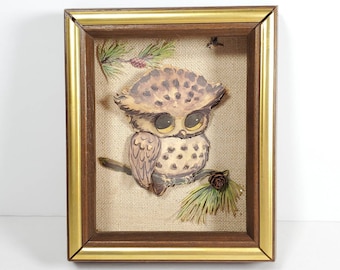 Vintage Owl Shadow Box 3D Paper Art Wall Decor Wall Hanging Brown Owl Kitschy Anthropomorphic Owl Framed Owl Art 1970s Owl