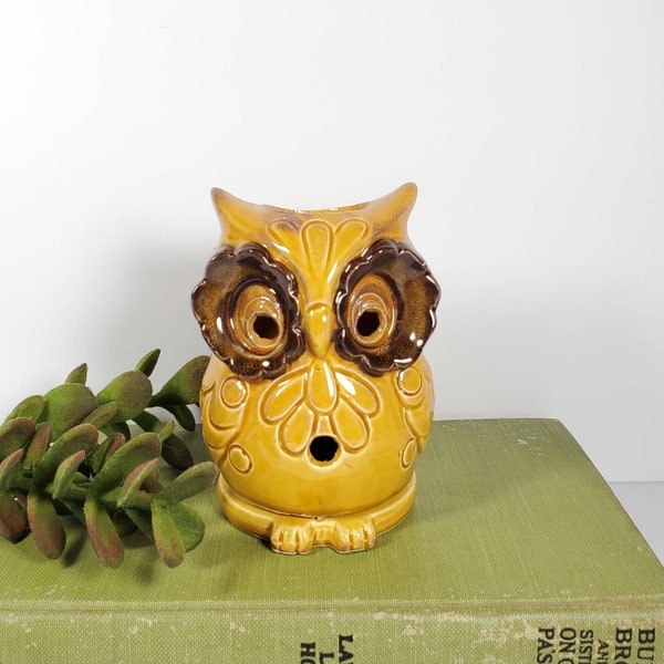 Vintage Owl Candle Holder Yellow Brown Ceramic Owl Candle Cover Owl Figurine Retro Owl Decor Japan