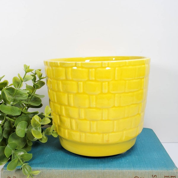 Vintage Yellow Ceramic Planter Basket Weave Yellow Planter Spring Summer Flower Pot