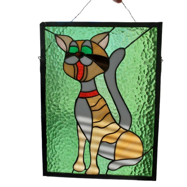 Vintage Stained Glass Cat Panel Tabby Cat Suncatcher Stained Glass Window Hanging Metal Frame Glass Cat AS IS