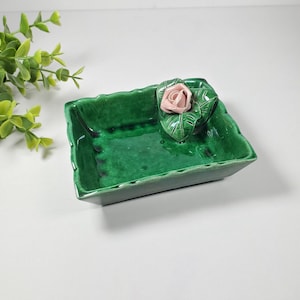 Vintage Floral Trinket Tablett Grün Keramik Tablett Rosa Rose Blume Seifenschale Schmuck Ring Tablett Keramik Floral Rosette Tablett