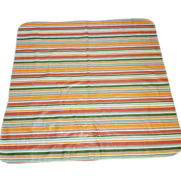 Vintage Striped Tablecloth Vinyl Orange Green Stripes Tablecloth Square Wipe Clean Tablecloth Card Table 1970s