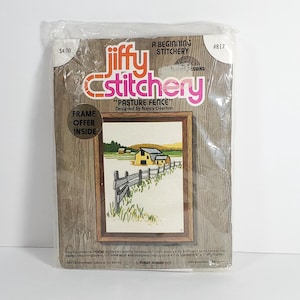 Vintage Crewel Kit Jiffy Stitchery Pasture Fence by Nancy Overton Sunset Designs 1975 Yellow Barn Farm Pasture Crewel Kit NOS