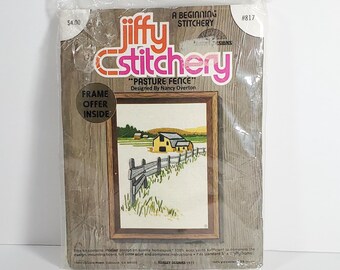 Vintage Crewel Kit Jiffy Stitchery Pasture Fence by Nancy Overton Sunset Designs 1975 Yellow Barn Farm Pasture Crewel Kit NOS