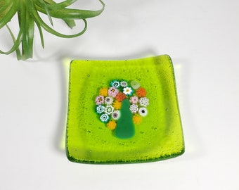 Vintage Fused Glass Tray Lime Green Millefiori Trinket Dish Ring Holder Green Art Glass Flower Tray