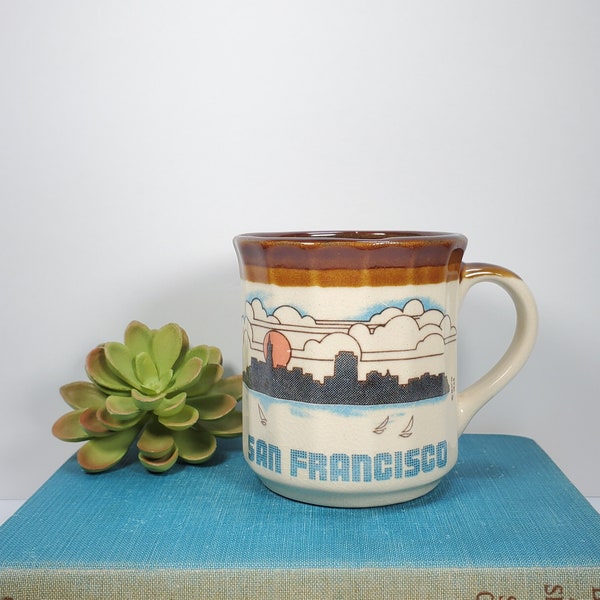 Vintage San Francisco Mug Skyline Brown Striped Mug San Francisco Souvenir Mug Mico 1985 Sailboat Mug