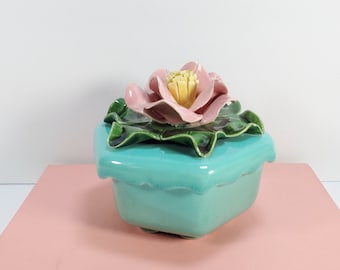 Vintage Floral Ceramic Trinket Box: Teal Aqua Jewelry Stash Box
