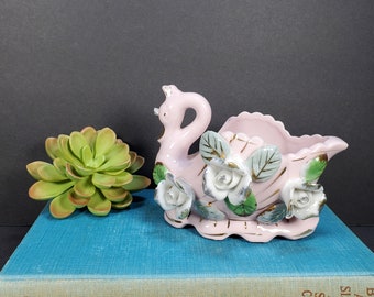 Vintage Swan Planter Vase Pink Gold Ceramic Swan Dish Catch All Mid Century Swan Decor Pink Floral Swan Planter Made in Japan