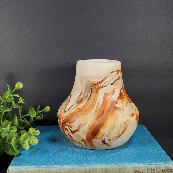 Vintage Nemadji Pottery Vase Orange Brown Swirled Marbled Art Pottery Vase Pot Made in USA Indian River Native American Pottery