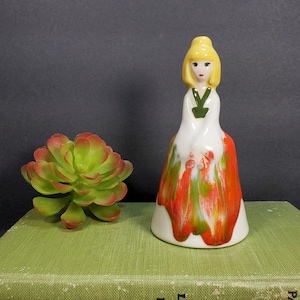 Vintage Ceramic Japanese Kokeshi Doll Bell Orange Green Drip Glaze Ceramic Lady Bell Blonde Girl Figurine Santo Domingo Souvenir