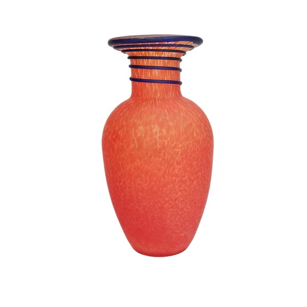 Vintage Art Glass Vase Red Orange Speckled Vase Blue Spiral Neck Satin Glass Badash Lafiore Style Orange Art Glass Vase