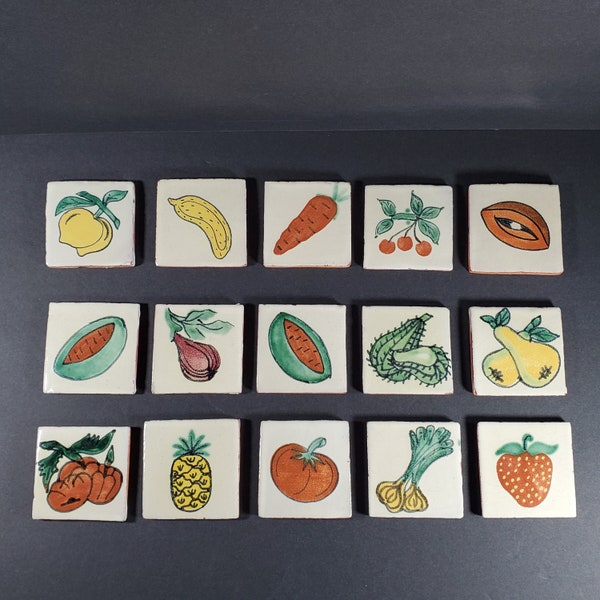 Vintage Mexican Tile Set of 15 Fruit Vegetable Mexican Talavera Clay Tiles Backsplash Fruit Vegetable Kitchen Decor