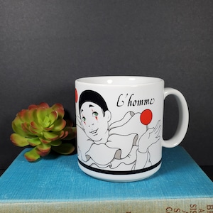 Vintage Clown Mug L'Homme Mime Jester Clown Coffee Mug Black White Red American Greetings Stoneware Mug Made in Japan 1985 Juggling Clown