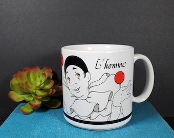 Vintage Clown Becher L&#39;Homme Mime Jester Clown Kaffeetasse Schwarz Weiß Rot Amerikanische Grüße Steinzeug Becher Made in Japan 1985 jonglierender Clown
