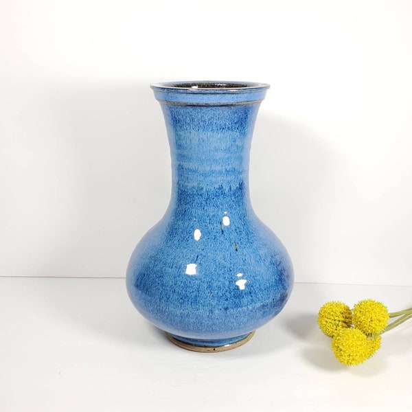 Vintage Blue Pottery Vase Hand Thrown Art Pottery Blue Denim Glazed Pottery Genie Bottle Vase Signed