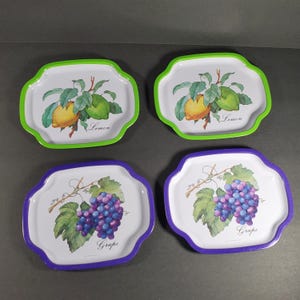 Vintage Fruit Trays Set of 4 Decorative Tray Small Fruit Tray Lemon Lime Purple Grapes Tray Tin Tray Catch All Trinket Tray
