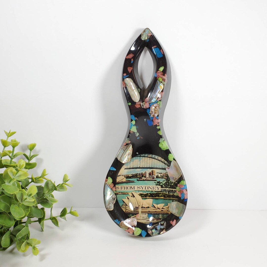 Vintage Lucite Spoon Rest Abalone Shell Black Acrylic Spoon Rest Sydney