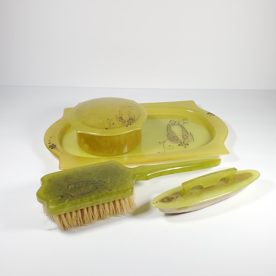 Vintage Vanity Set Green Celluloid Dresser Set Powder Jar  display picture 1