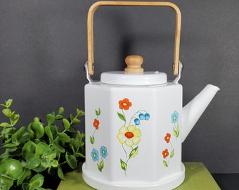 Vintage Floral Teapot White Enamelware Tea Kettle Wood Handle Yellow Orange Blue Flower Teapot M Kamenstein 1979 Made in Japan