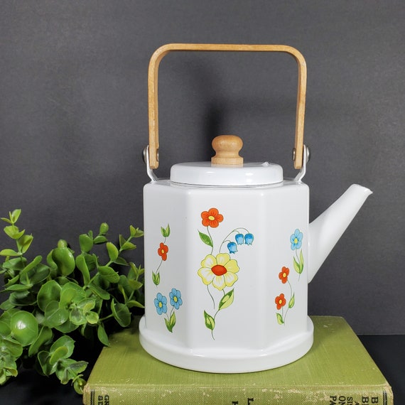 Vintage Floral Teapot White Enamelware Tea Kettle Wood