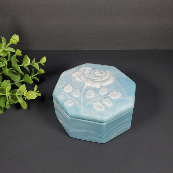 Vintage Floral Trinket Box Blue White Soap Stone Rose Jewelry Box Floral Jewelry Box Stone Rose Stash Box Lidded Jar