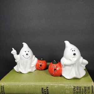Vintage Ghost Pumpkin Figurine Set of 2 Ceramic Ghosts 1980s Halloween Decor Halloween Ghost REPAIRED Please Read