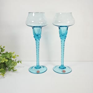 Vintage Blue Glass Candle Holders Set of 2 Taper Candlestick Holder Tealight Votive Candle Holder Aqua Blue Twisted Glass Italy Candlesticks