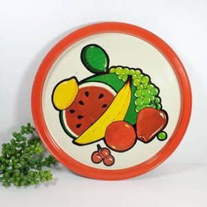 Vintage Fruit Tray Decorative Metal Bar Tray Watermelon Grapes Lime Banana Cherries Apple Cocktail Tray Kitschy Rolling Tray
