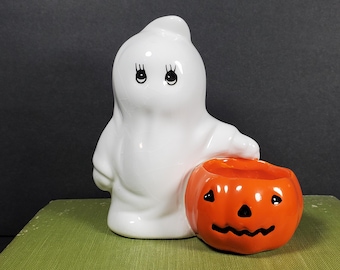 Vintage Halloween Ghost Candle Holder White Ceramic Ghost Orange Pumpkin Tea Light Candle Holder Ghost Figurine Jack O Lantern Russ Berrie
