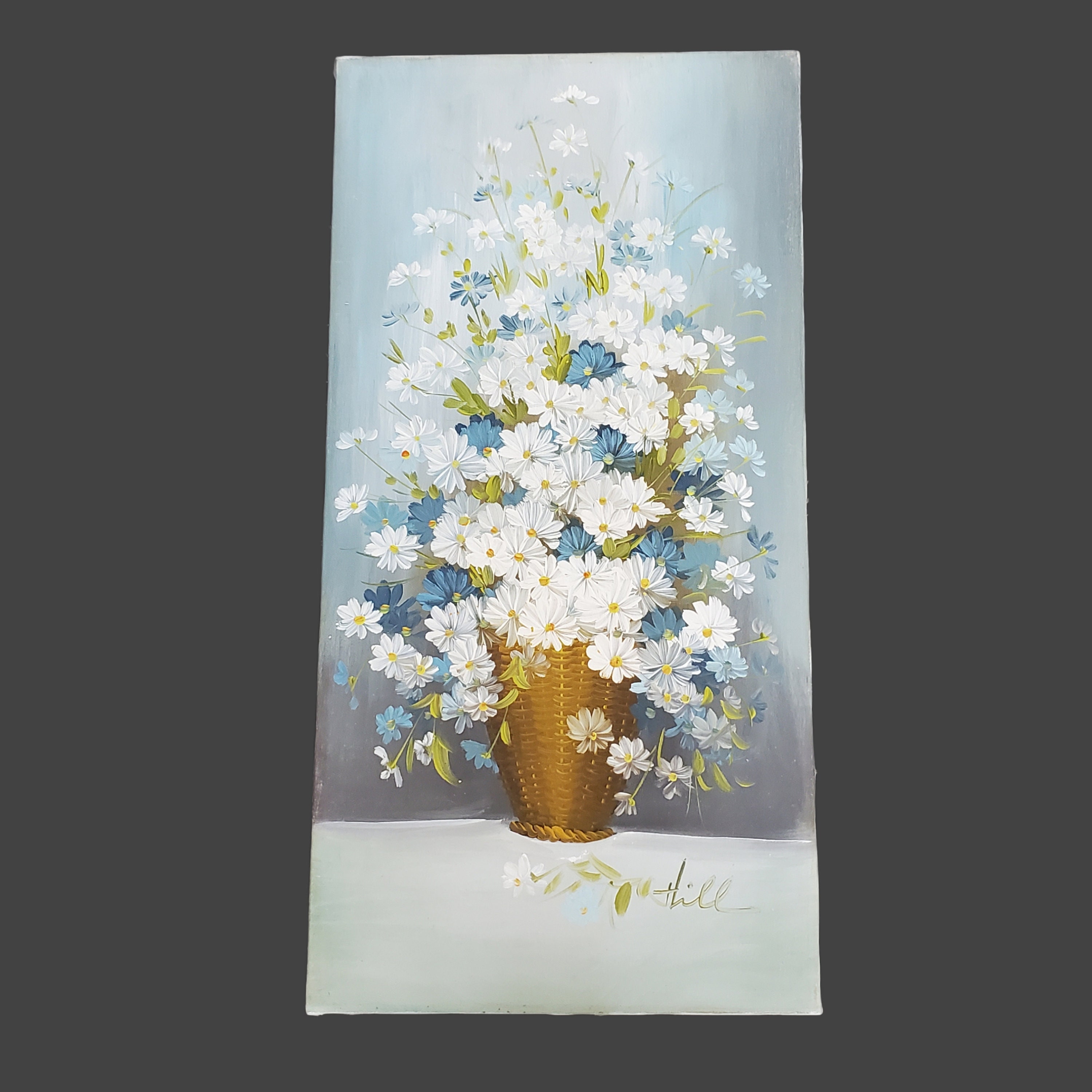 ヴィンテージデイジーの花の油絵、アーティストによる青と白の花の絵画