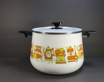 vintage Émailware Stock Pot West Bend Soup Pot Blanc Orange Jaune Vert années 1970 Crock Émailware Couvercle Marmite 70s Cuisine