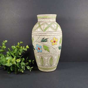 Vintage Floral Vase Italian Ceramic Vase Mid Century Flower Vase Yellow Blue White Floral Daisy Vase Green Stoneware Vase Made in Italy
