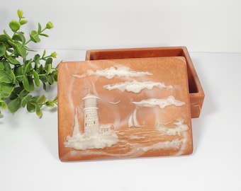 Vintage Incolay Trinket Jewelry Box Lighthouse Sailboat Nautical Marbled Stone Box Rust Orange White Signed Robert Nemith