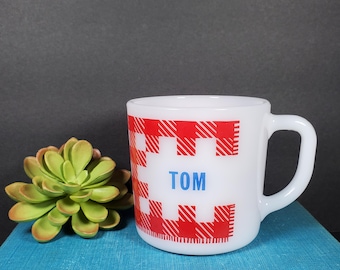 Vintage karierter Milchglasbecher Rot weiß Karo Tom Becher Milchglas Namensbecher Westfield Heat Proof