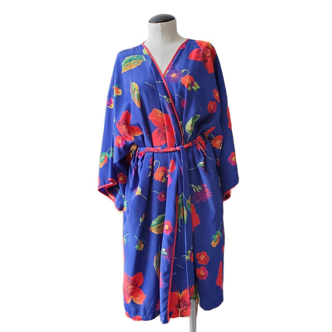 Red Flower Robe Vintage Floral Robe Natorious Blue Orange Red Flower Short Length ...