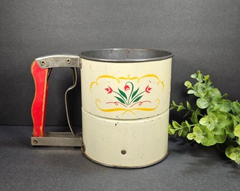 Vintage Flour Sifter Androck Handi Sift White Metal Flour Sifter Red Tulips Rustic Farmhouse Kitchen Tool Decor Red Handle Kitchen Gadget