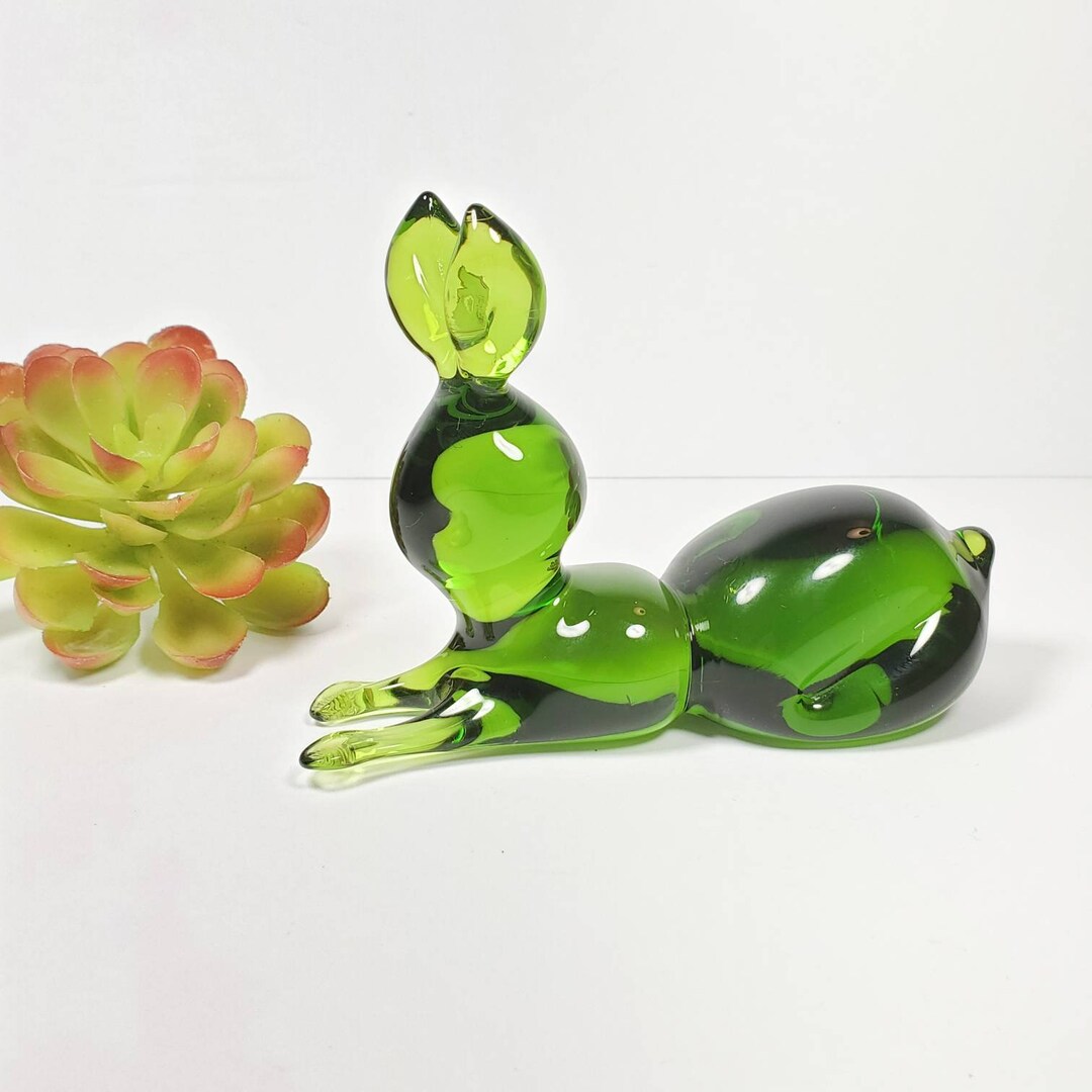 Vintage Green Glass Bunny Rabbit Figurine Green Art Glass Animal
