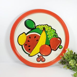 Vintage Fruit Tray Decorative Metal Bar Tray Watermelon Grapes Lime Banana Cherries Apple Cocktail Tray Kitschy Rolling Tray