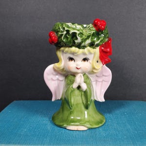 Vintage Angel Candle Holder Green Ceramic Christmas Angel Pink Wings Figurine Christmas Candle Angel Fairy Candle Holder Christmas Decor