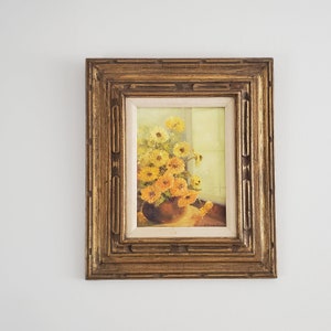 Vintage Floral Oil Painting Gold Framed Yellow Orange Flowers in Vase Painting Mid Century Art Painting Still Life Wall Decor Sunny Corner