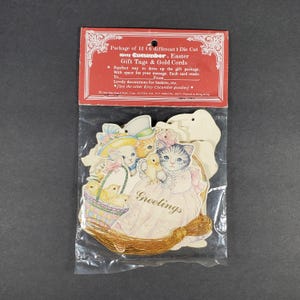 Lot de 12 étiquettes prédécoupées chat chaton vintage avec cordon doré Kitty concombre Pâques cartes-cadeau étiquettes NOS 1985 Merrimack