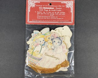 Vintage Cat Gift Tags Set of 12 Cat Kitten Diecut Cards with Gold Cord Kitty Cucumber Easter Gift Card Tags NOS 1985 Merrimack