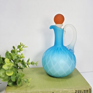 Vintage Blue Satin Glass Cruet Amber Stopper Diamond Optic Pattern Frosted Blue Glass Cruet Bottle