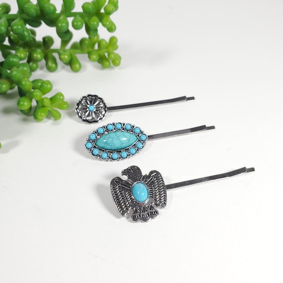 Vintage Turquoise Hair Pins Set of 3 Aztec Thunder