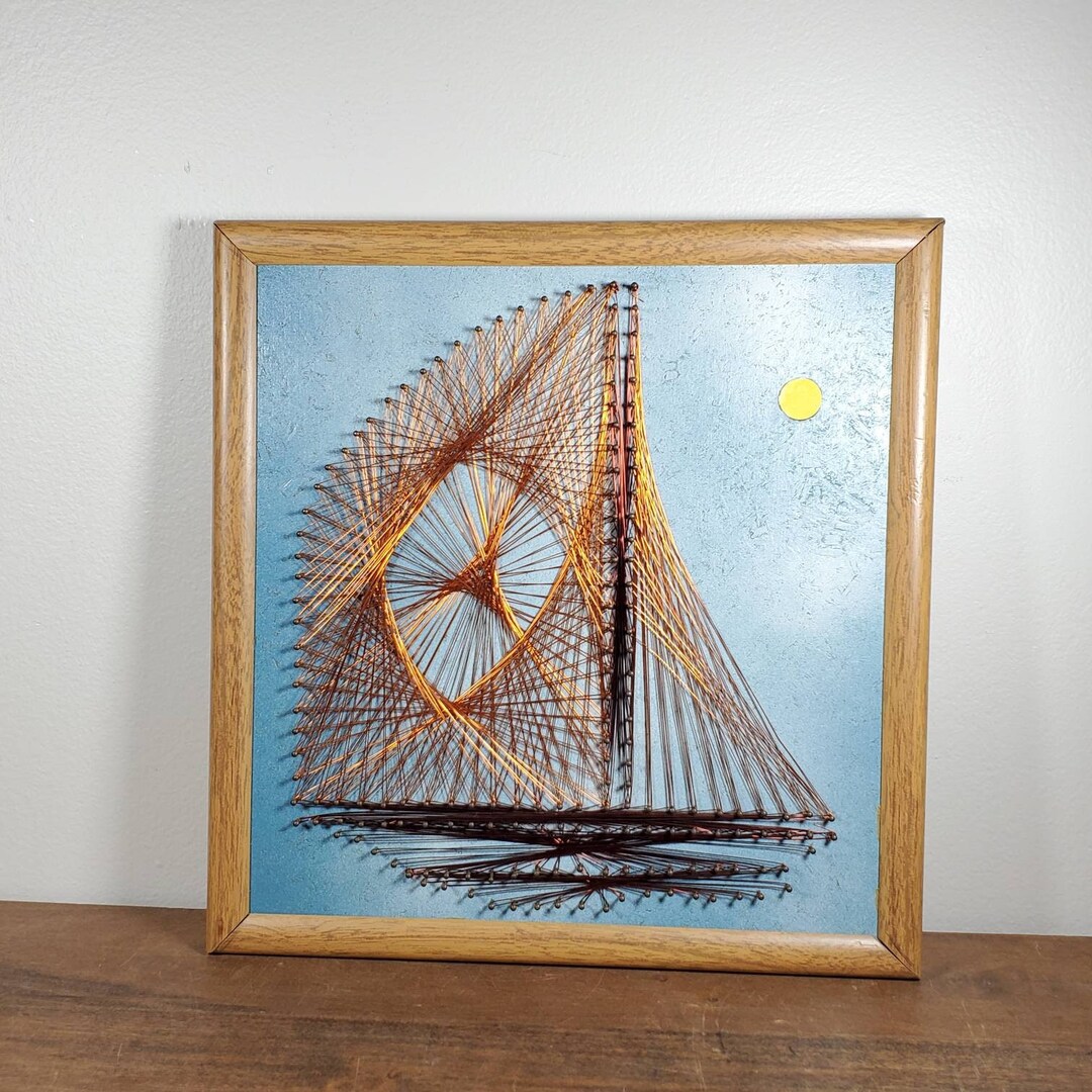 Vintage Copper Wire String Art Sailboat Sailing Wall Decor Mid Century