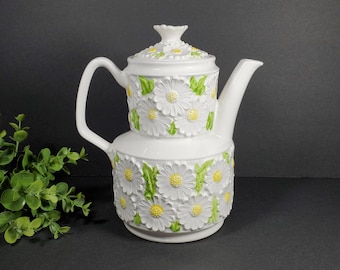 Vintage Daisy Flower Teapot Ceramic Double Decker Floral Teapot White Yellow Green Daisy Coffee Teapot Pitcher Enesco Japan Daisy Kitchen